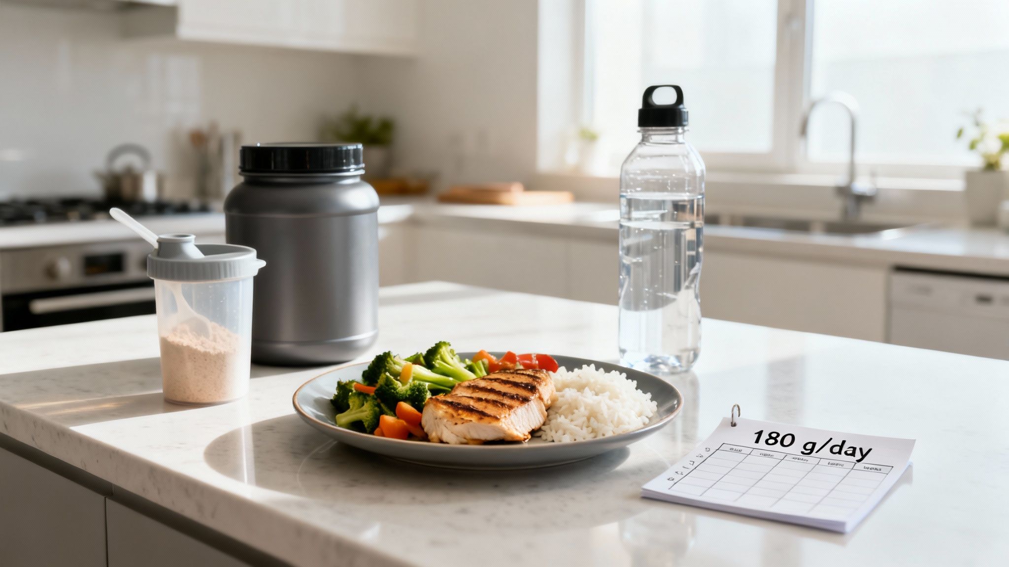 Healthy grilled chicken meal with rice, broccoli, carrots, protein supplements, and water bottle in a modern kitchen.