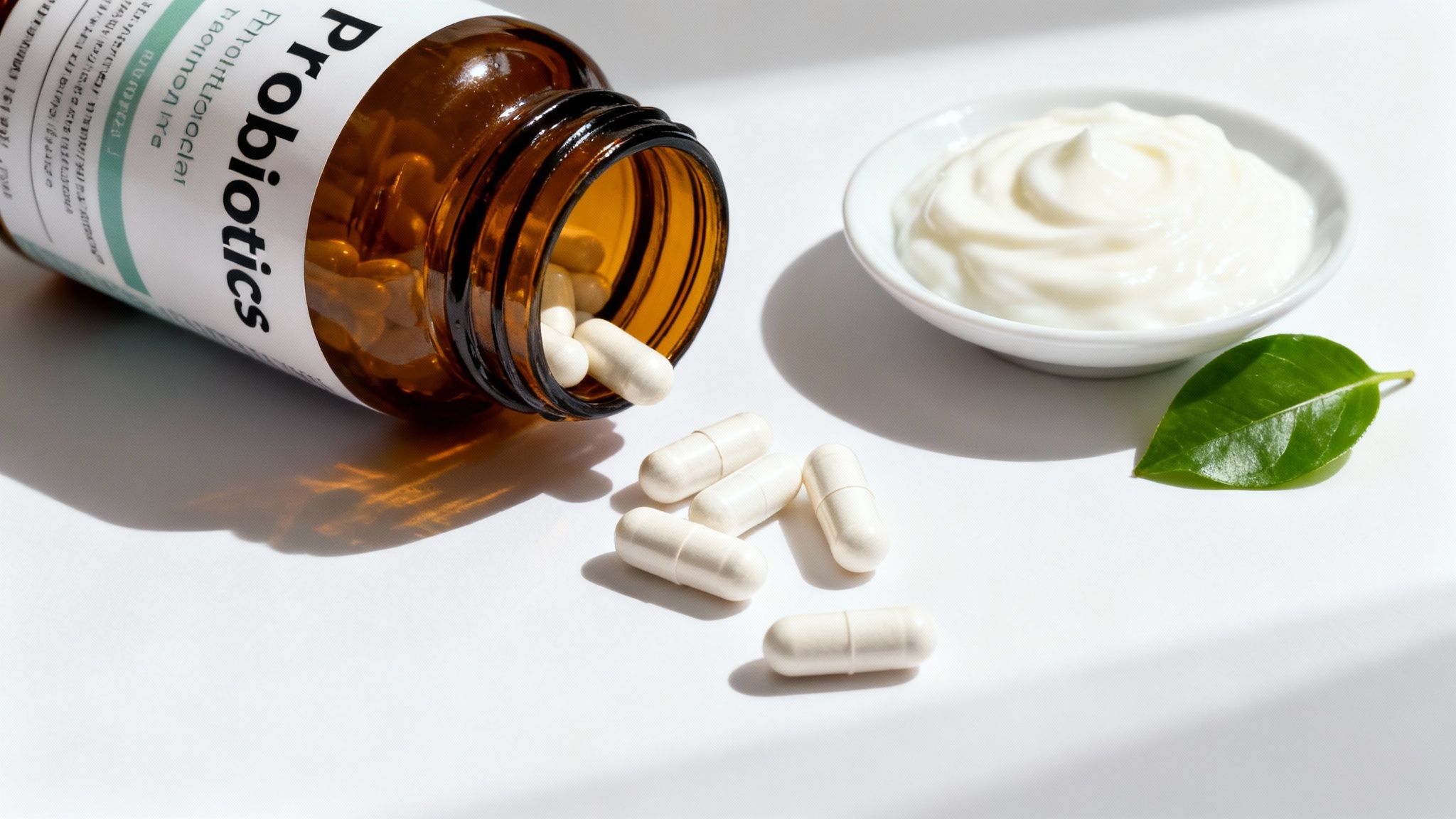Probiotic capsules spilling from a brown bottle, alongside a bowl of yogurt and a green leaf.