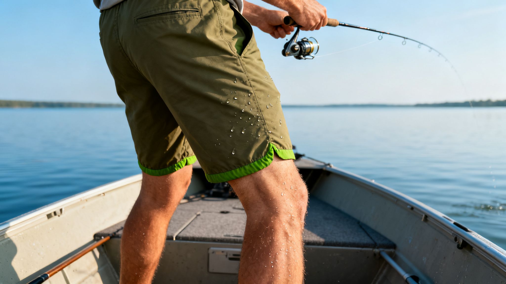A person in green board shorts with water droplets stands in a boat, fishing on a calm lake.