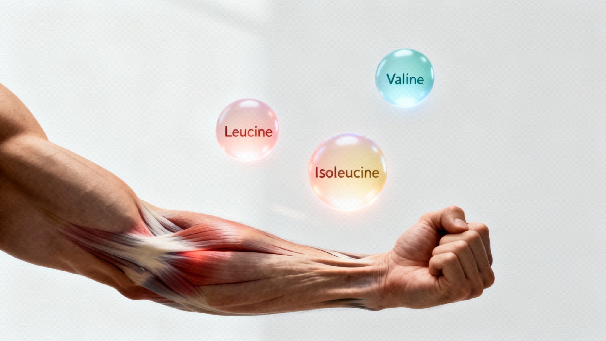 Muscular arm with exposed forearm anatomy alongside glowing bubbles of Leucine, Isoleucine, and Valine, representing muscle nutrition.