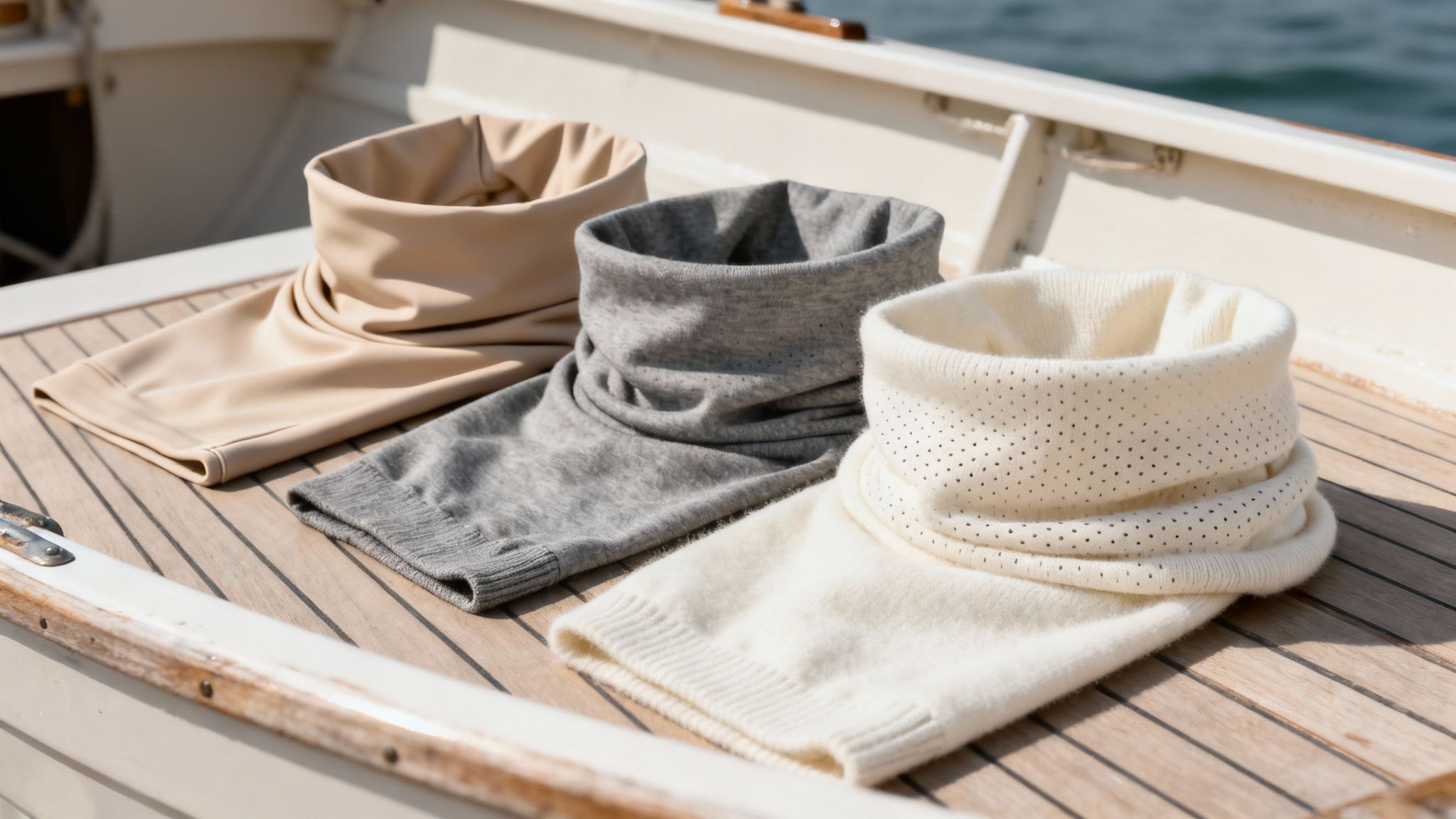 Three stylish neck gaiters in beige, grey, and cream on a wooden boat deck in sunlight.