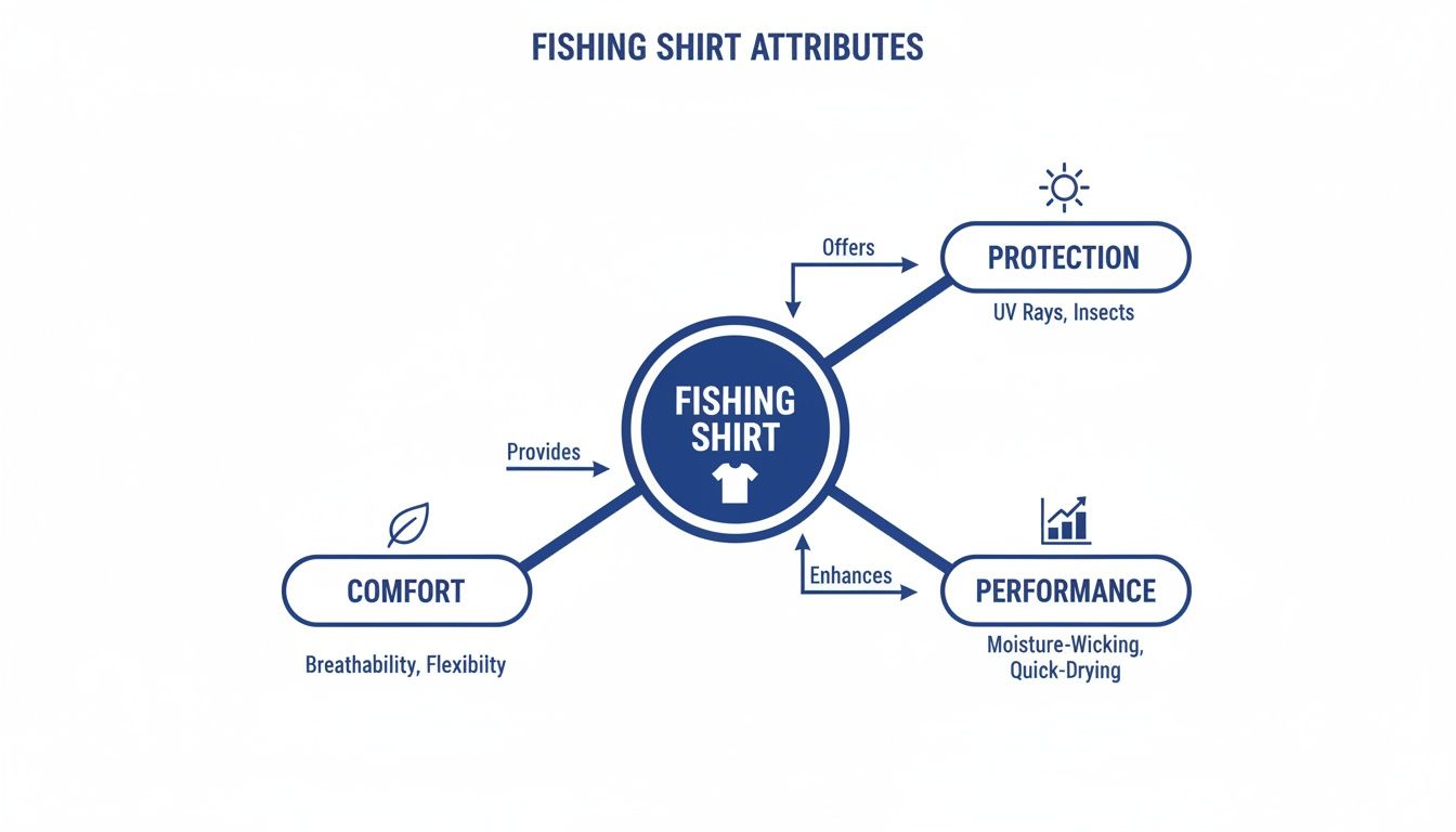 A diagram illustrating fishing shirt attributes: protection, comfort, and performance benefits.