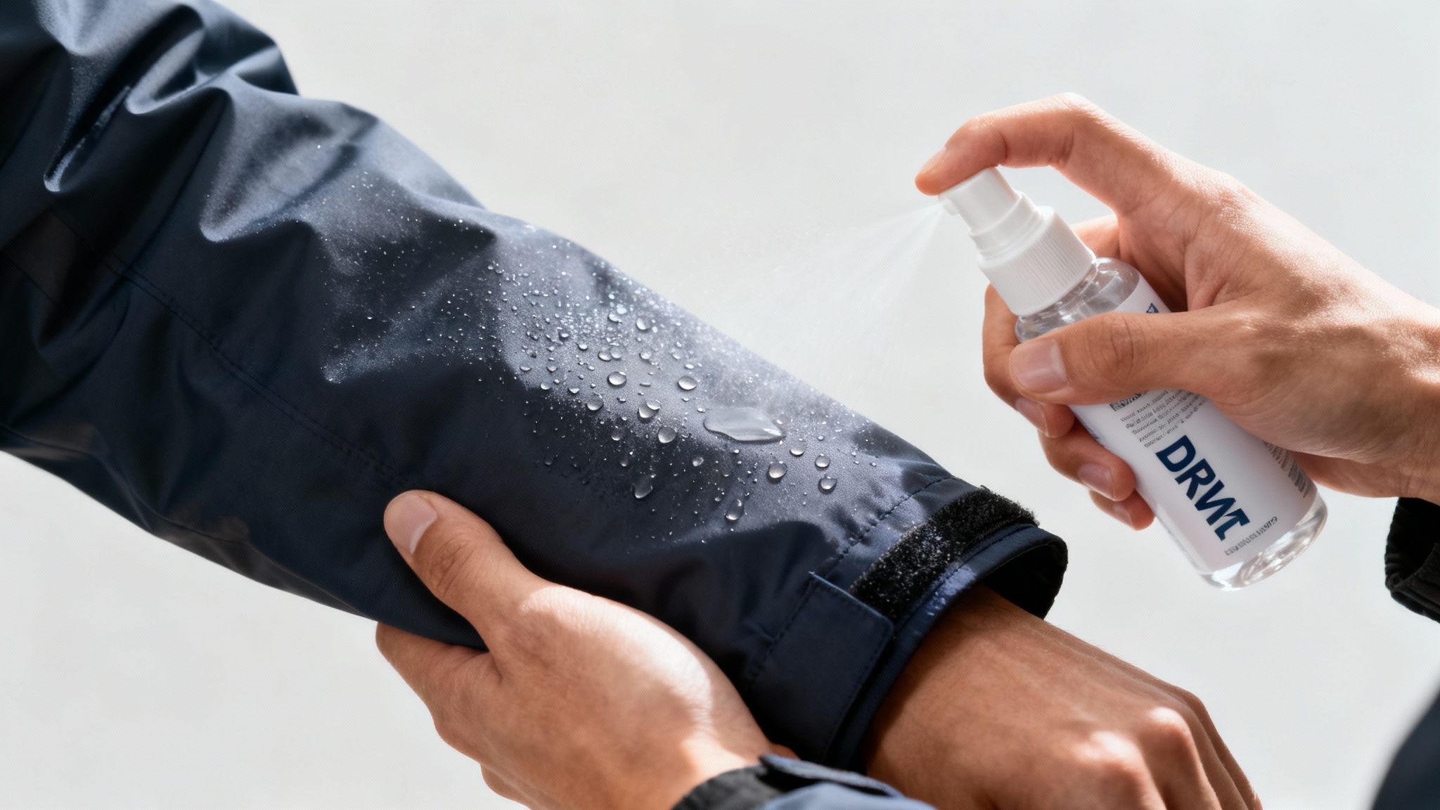 Hands spraying a waterproofing product onto a dark blue jacket, demonstrating water repellency.