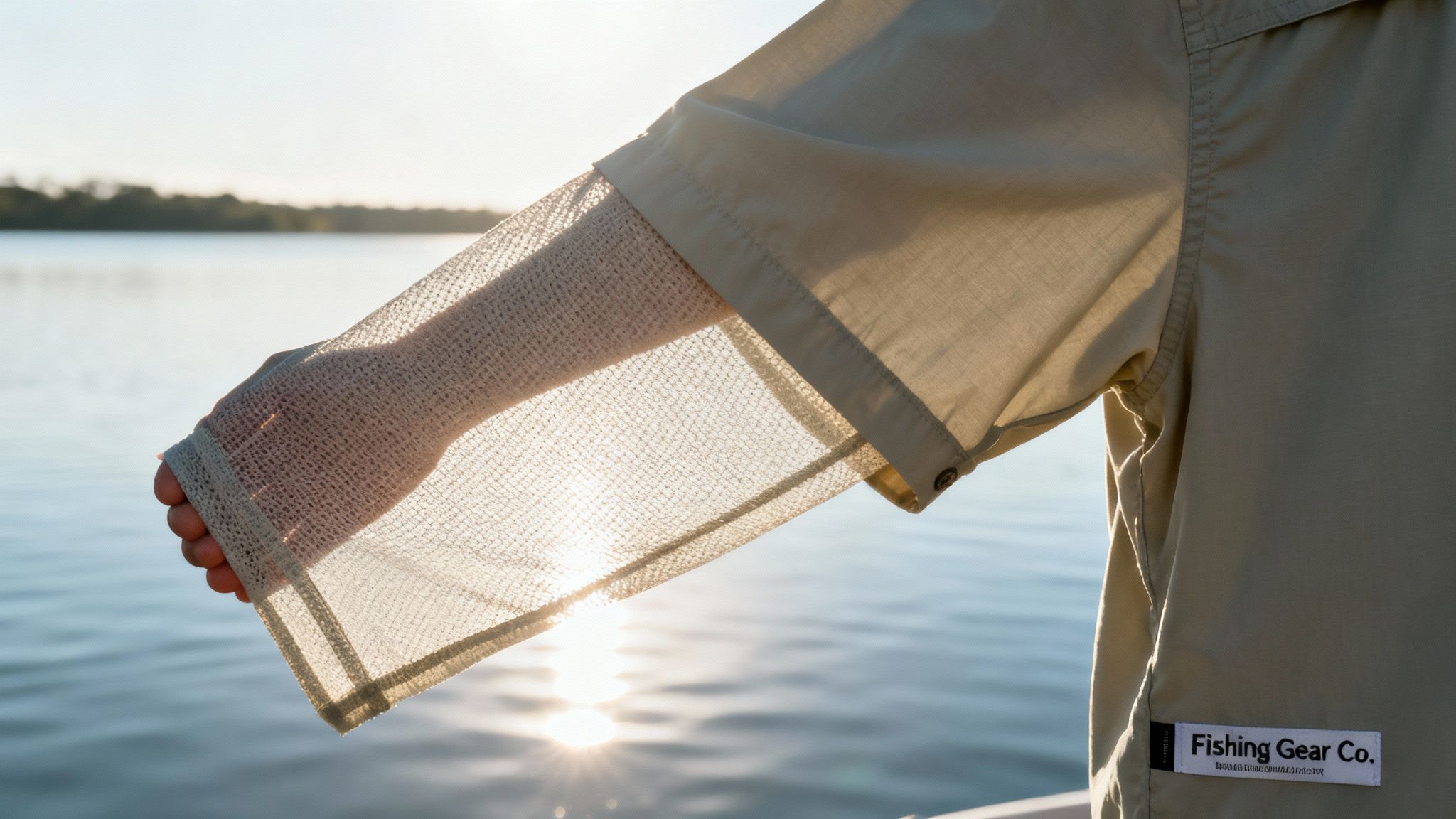 Close-up of a person's arm in a beige fishing shirt with mesh sleeve, by a sunny lake.