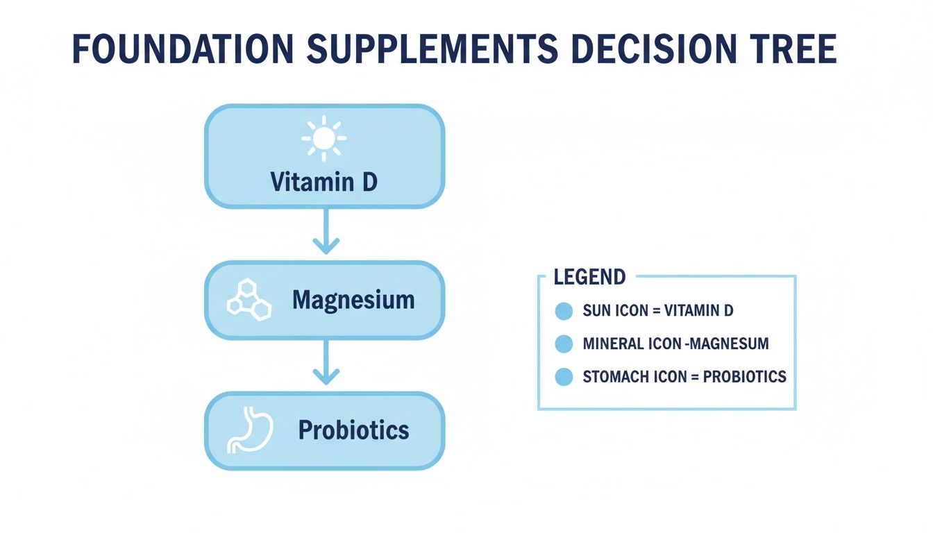 A decision tree diagram illustrating the sequential use of foundation supplements: Vitamin D, Magnesium, and Probiotics.