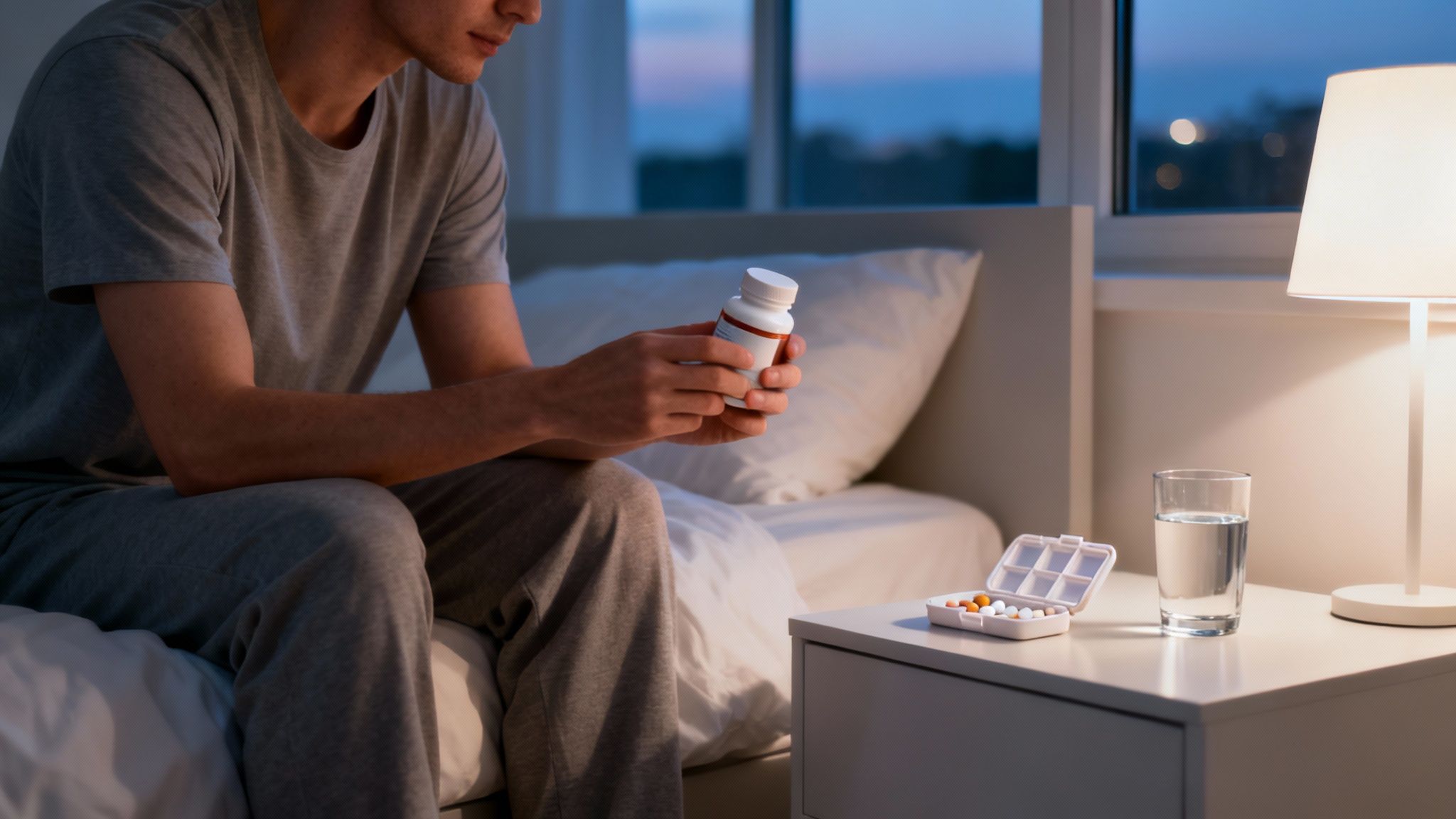Man in pajamas holding a pill bottle, sitting on bed with a pill organizer and water on the nightstand.