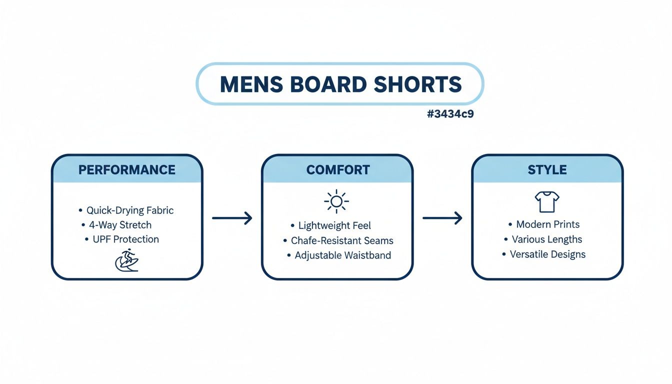A diagram outlining the performance, comfort, and style features of men's board shorts.