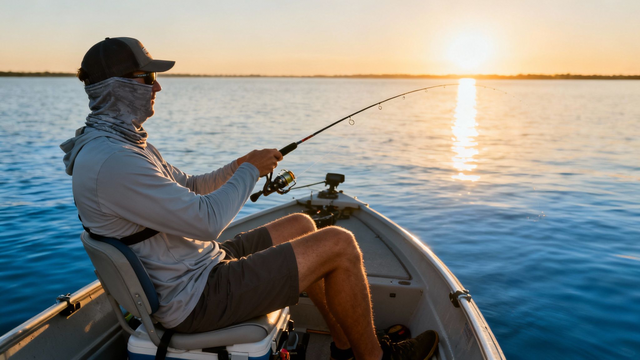 Man fishing at sunset from a boat, wearing a long-sleeve shirt and protective gear.