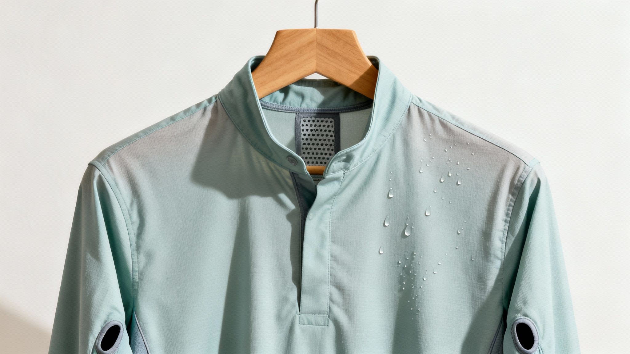 Light blue long-sleeve UPF shirt with water droplets showcasing its quick-dry and water-resistant fabric.