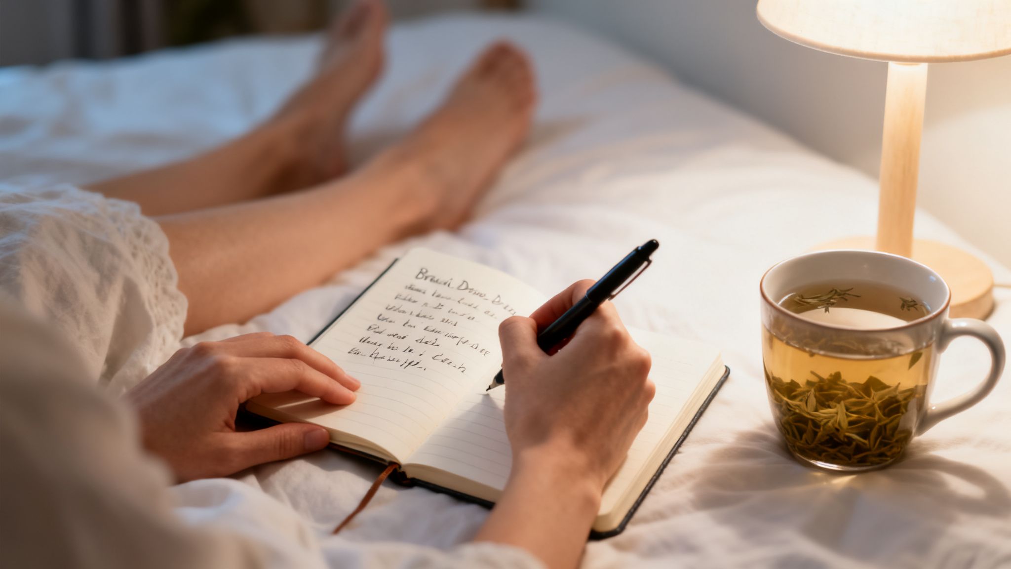A person writing in a journal in bed with a warm cup of herbal tea and a lamp.