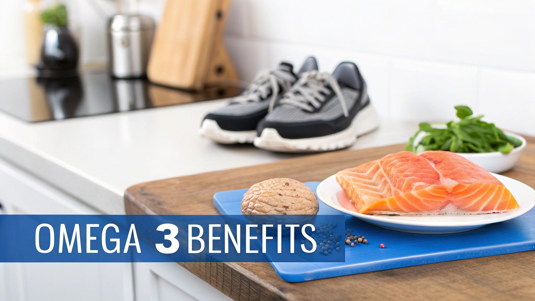 Fresh salmon fillets, walnuts, and athletic shoes represent Omega 3 benefits for a healthy lifestyle.