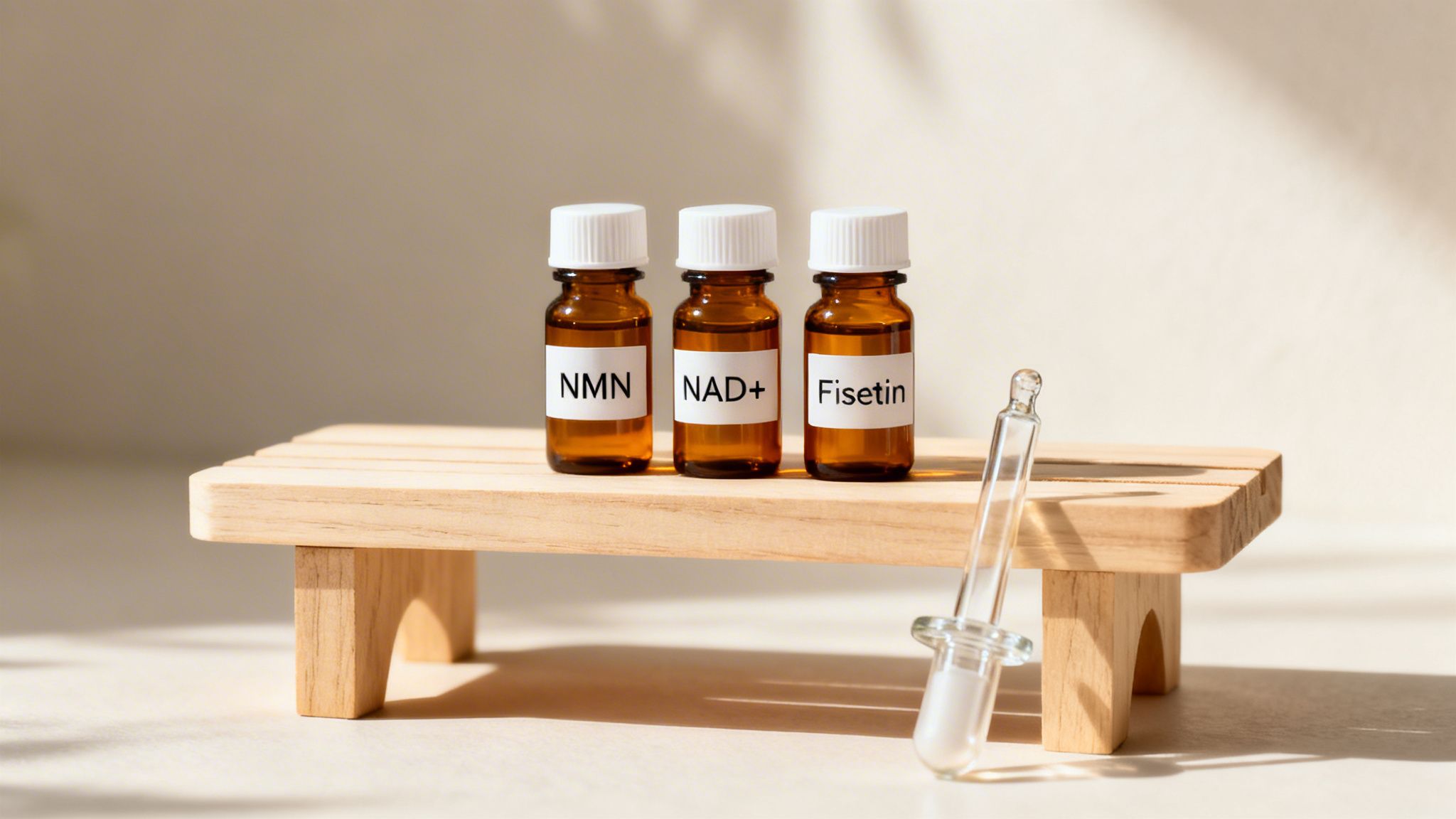 Three amber glass bottles labeled NMN, NAD+, and Fisetin on a small wooden stand with a glass dropper, representing longevity supplements.