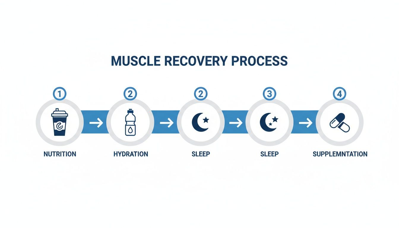 Infographic showing the muscle recovery process with steps: nutrition, hydration, sleep, and supplementation.