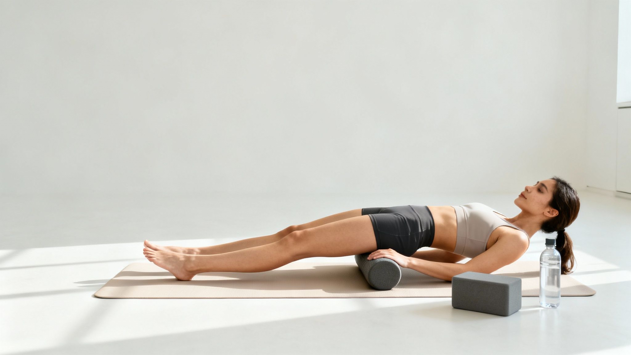 A young woman in athletic wear lies on a yoga mat, using a foam roller for muscle recovery.