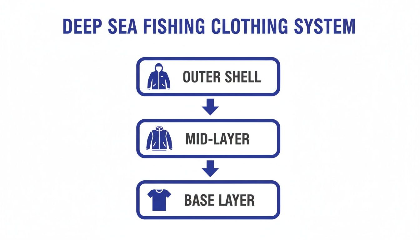 A diagram illustrating the deep sea fishing clothing system, detailing outer shell, mid-layer, and base layer.