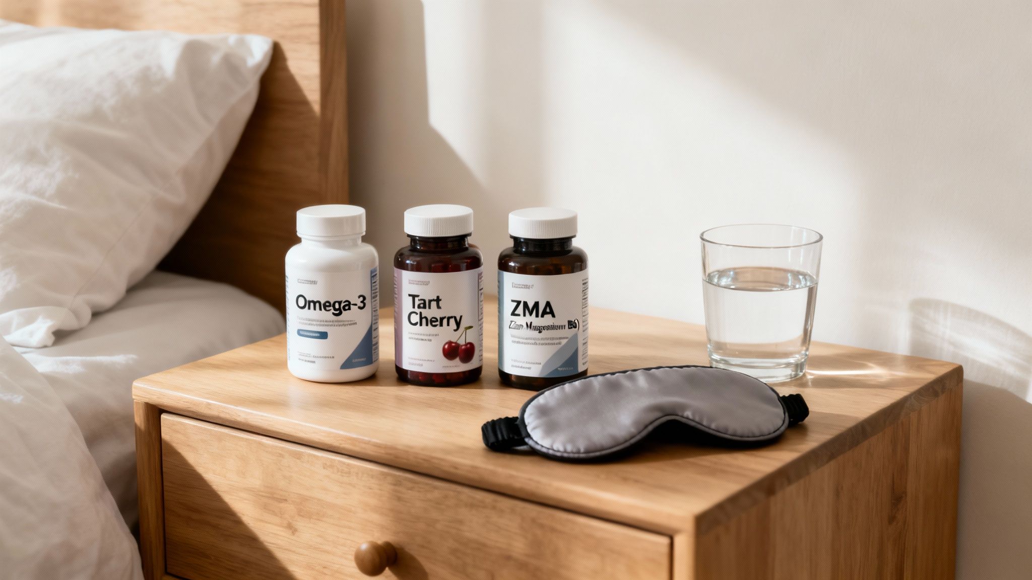 Three supplement bottles, a glass of water, and a sleep mask on a wooden bedside table.