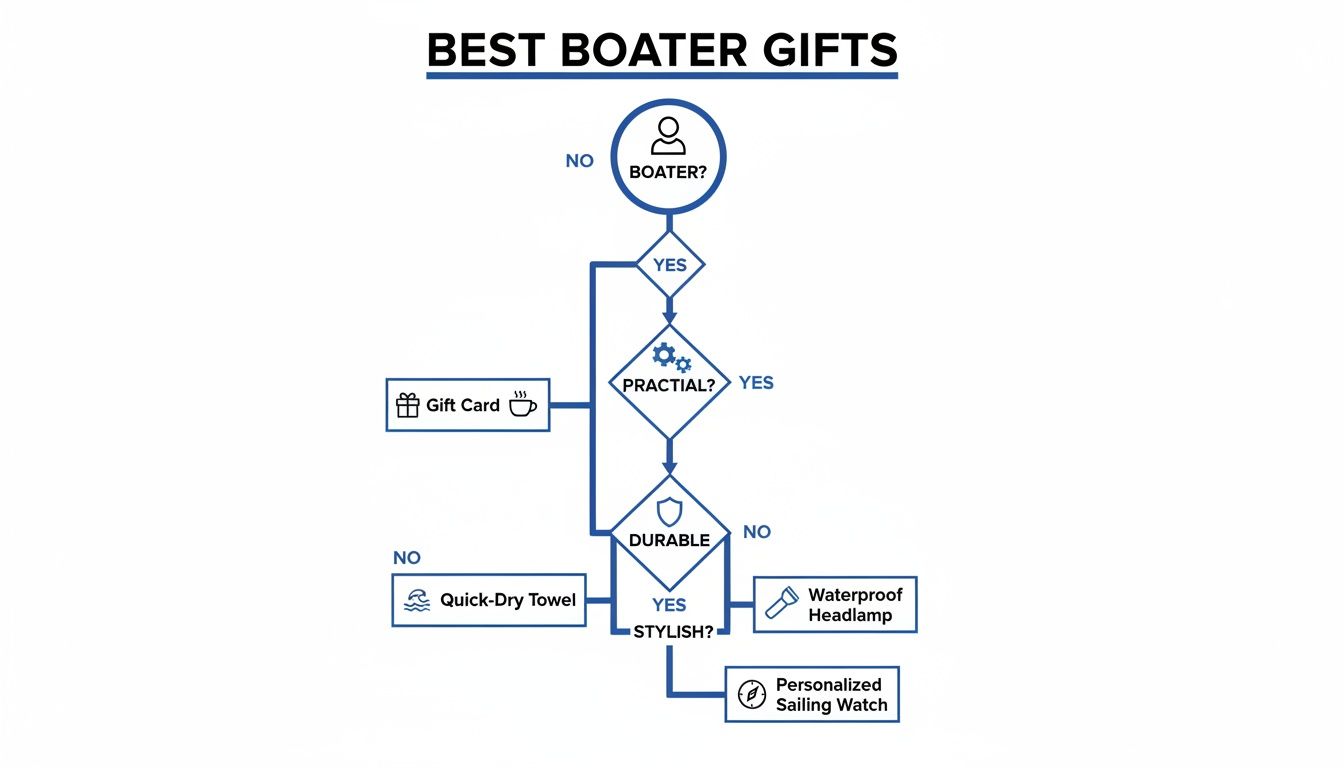 Flowchart for best boater gifts, guiding choices based on boater status, practicality, durability, and style.