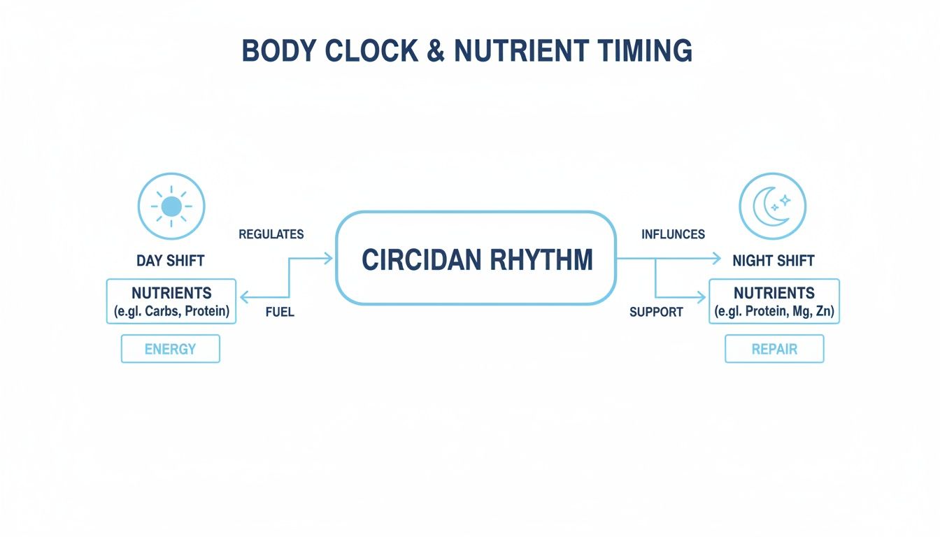 Diagram illustrating how circadian rhythm regulates day and night nutrient timing for energy and repair.