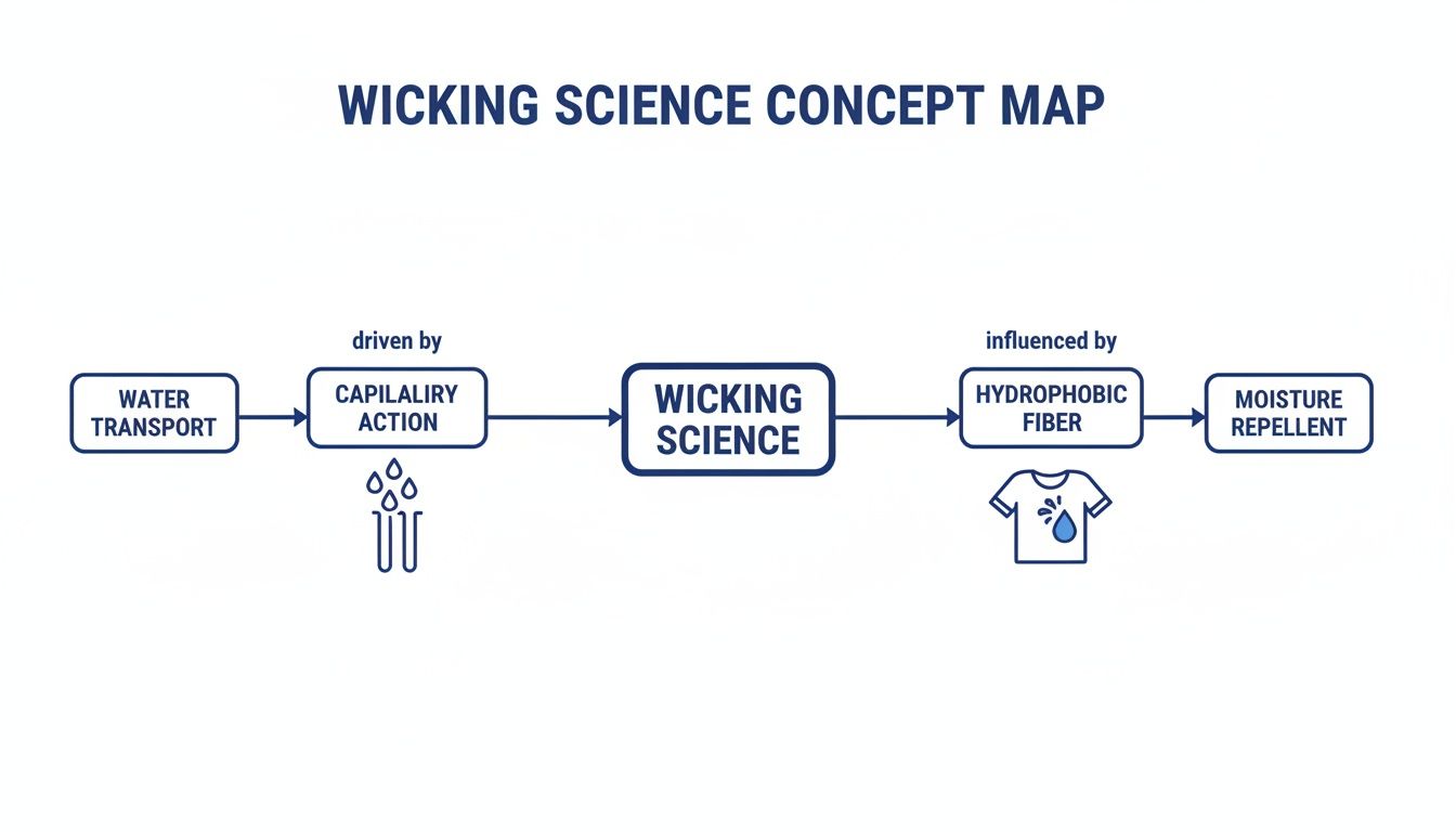 A concept map illustrating wicking science, water transport, capillary action, hydrophobic fibers, and moisture repellent.