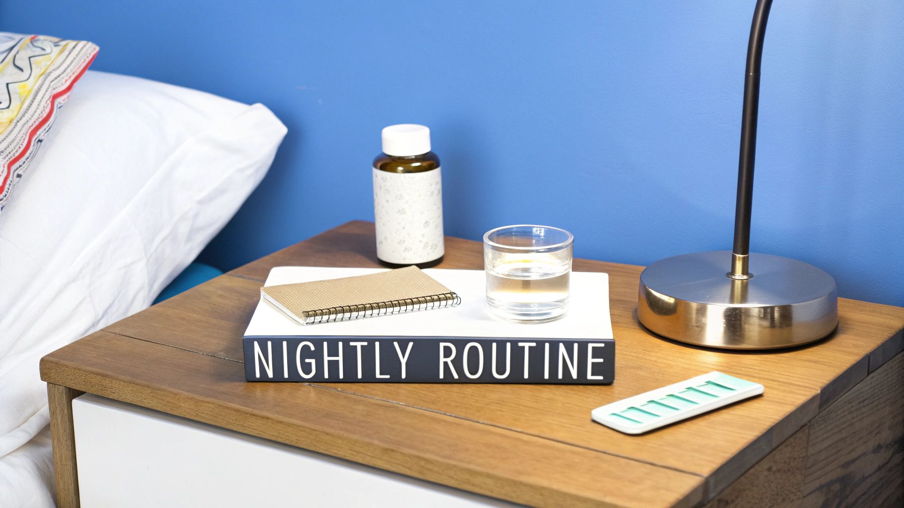 A bedside table with a sign saying 'Nightly Routine', a glass of water, a bottle, and a notebook next to a bed.