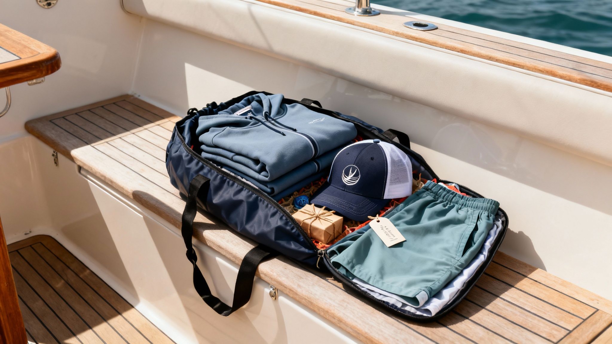 An open navy blue travel bag on a boat deck, filled with apparel and gifts for boaters.