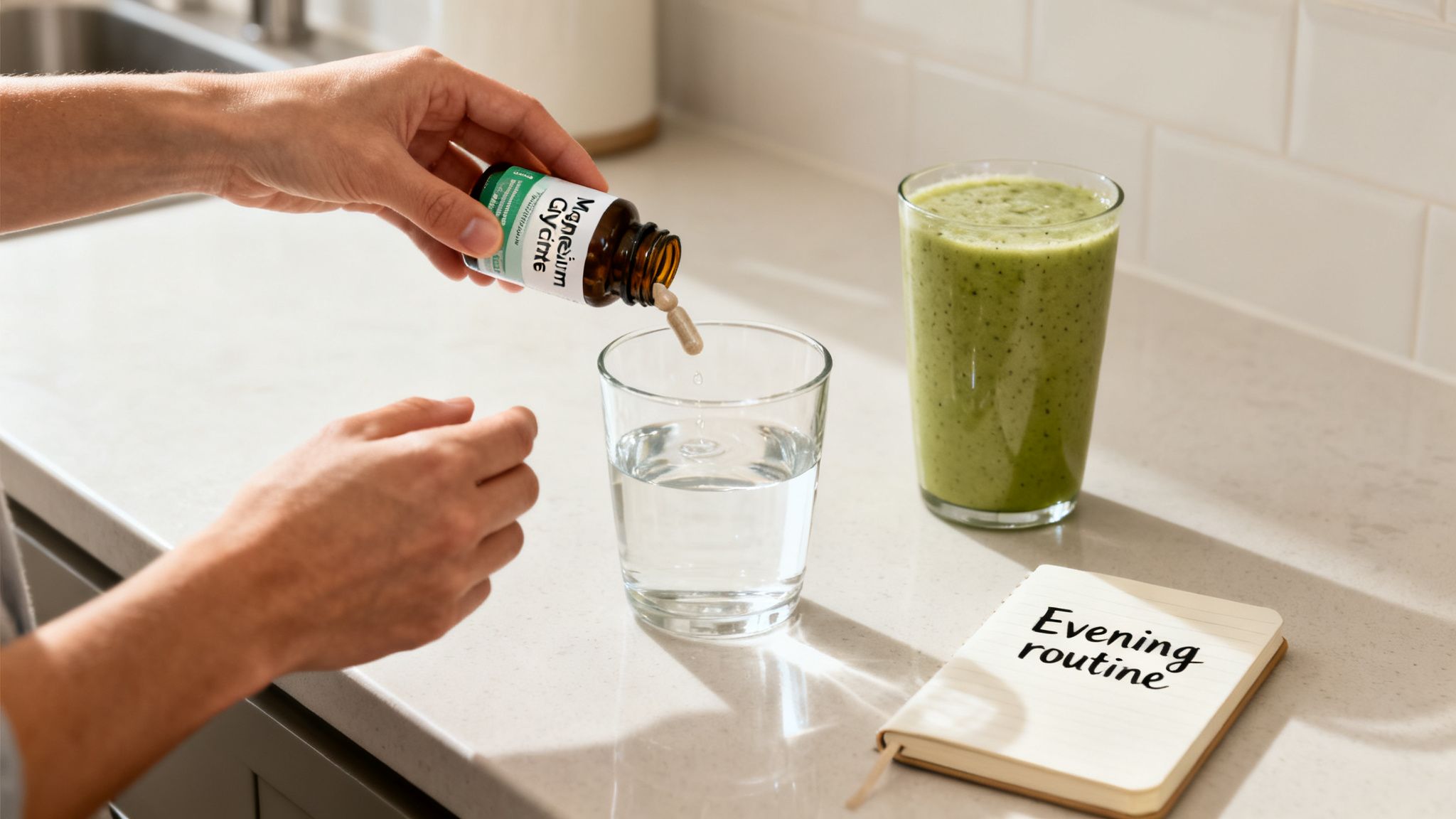 Hands pouring a Magnesium Glycine capsule into water, next to a green smoothie and 'Evening routine' notebook.
