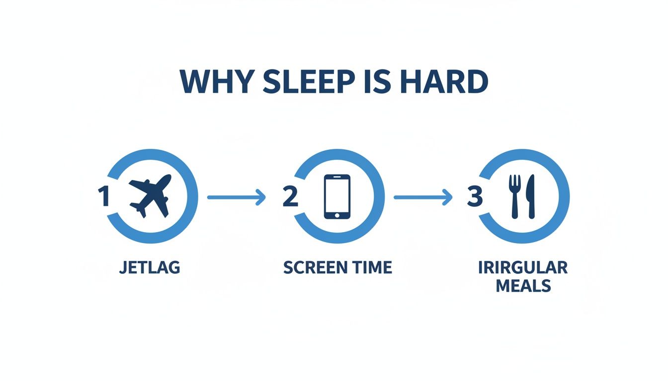 An infographic titled 'Why Sleep Is Hard', listing jetlag, screen time, and irregular meals as three main reasons.
