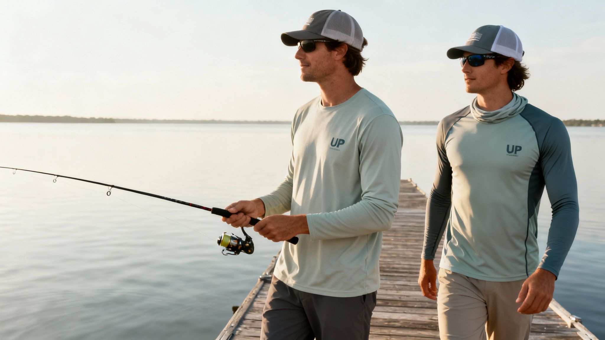Two men on a wooden dock by a lake, wearing UPF shirts and hats, one holding a fishing rod.