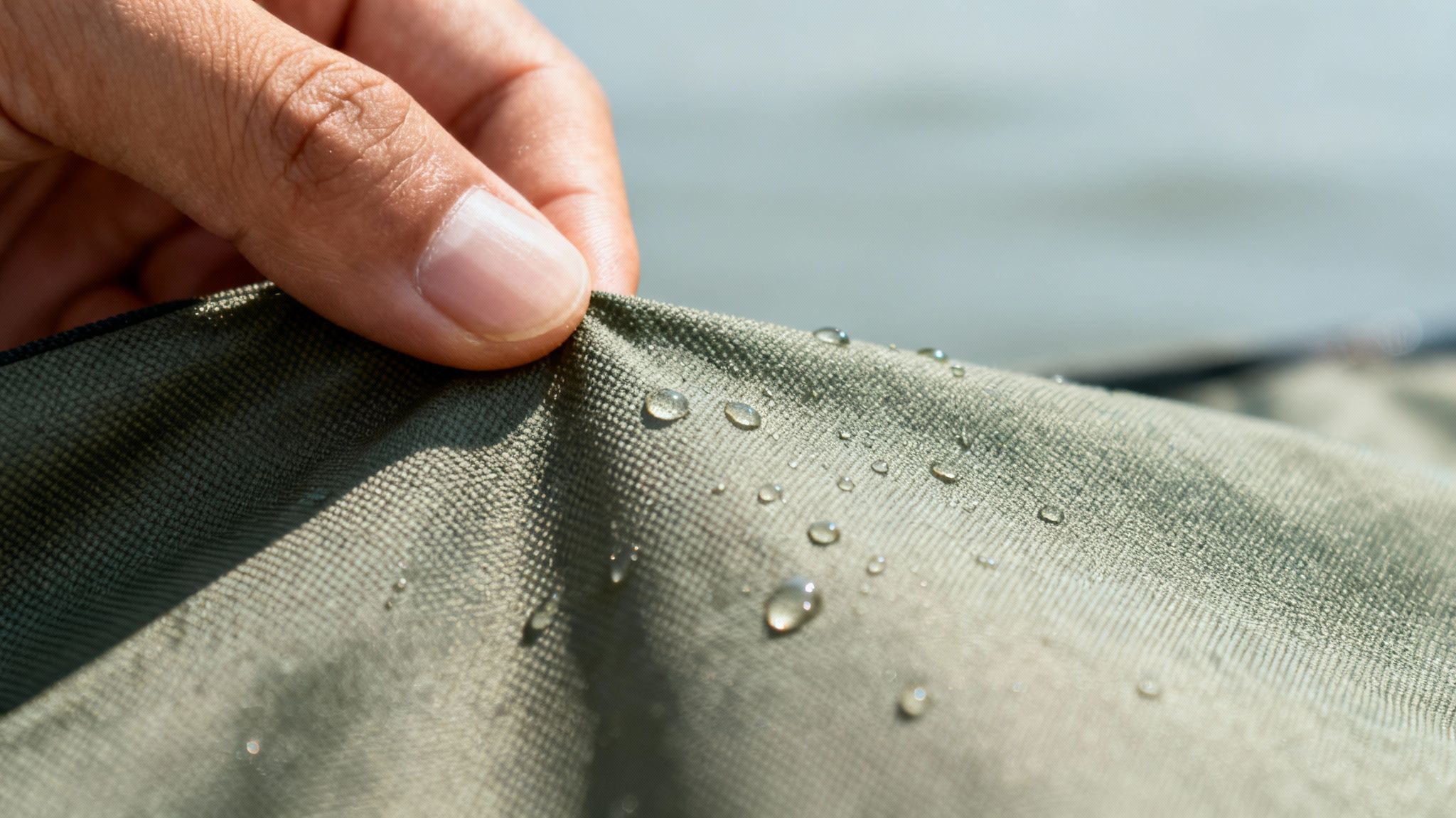 Close-up of a hand holding green waterproof fabric with water droplets, showcasing its water-repellent quality.
