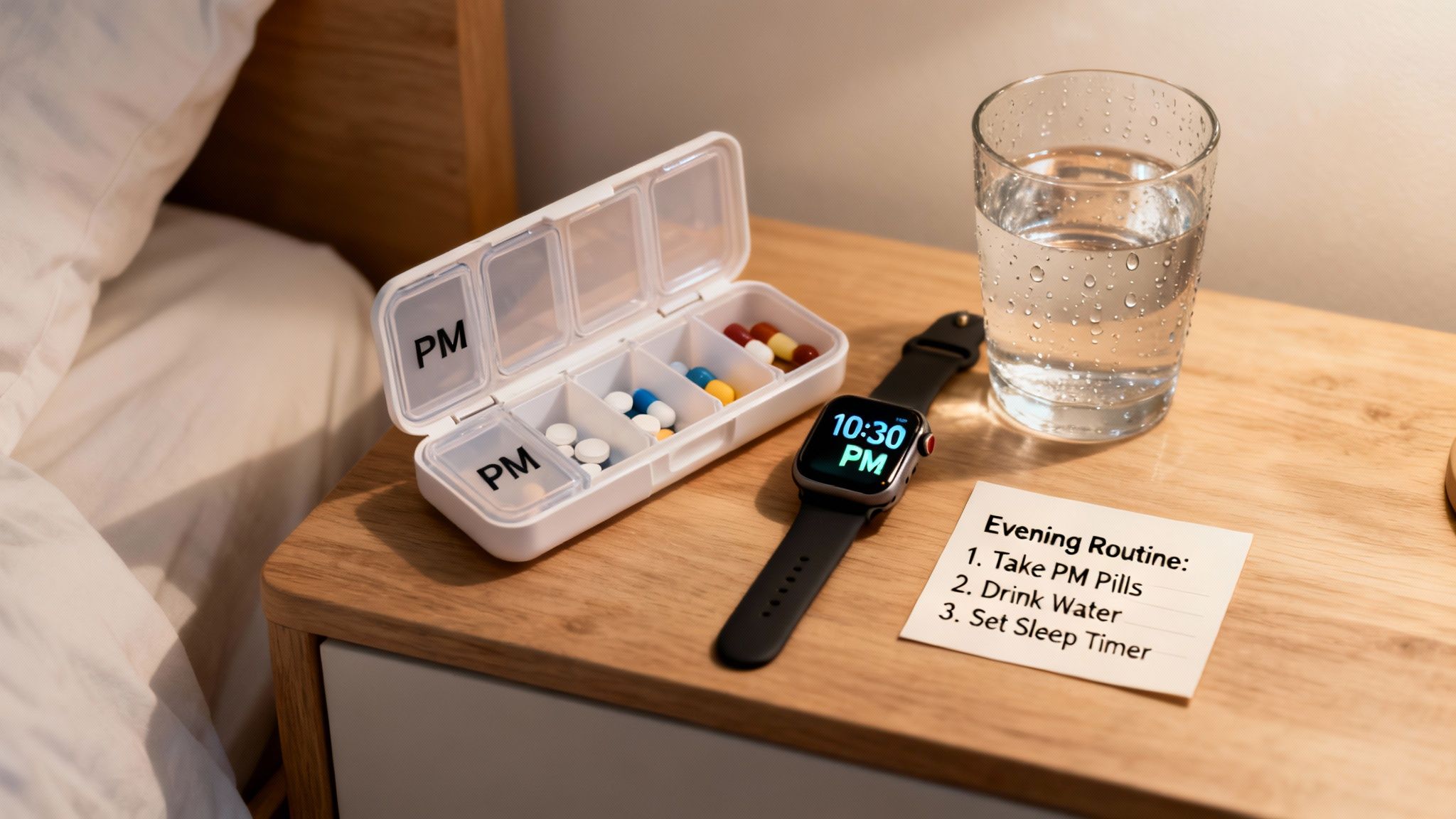 A nightstand with a pill organizer, glass of water, smartwatch showing 10:30 PM, and an evening routine note.