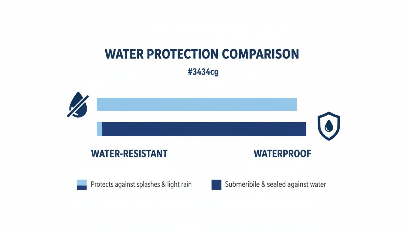 A comparison chart visually distinguishing water-resistant from waterproof protection with descriptive text and icons.