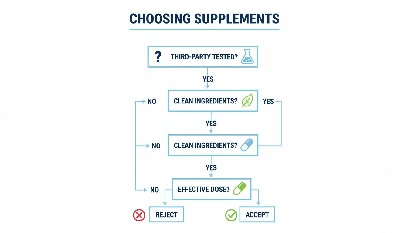 A flowchart illustrating the decision-making process for choosing supplements based on testing, ingredients, and dosage.
