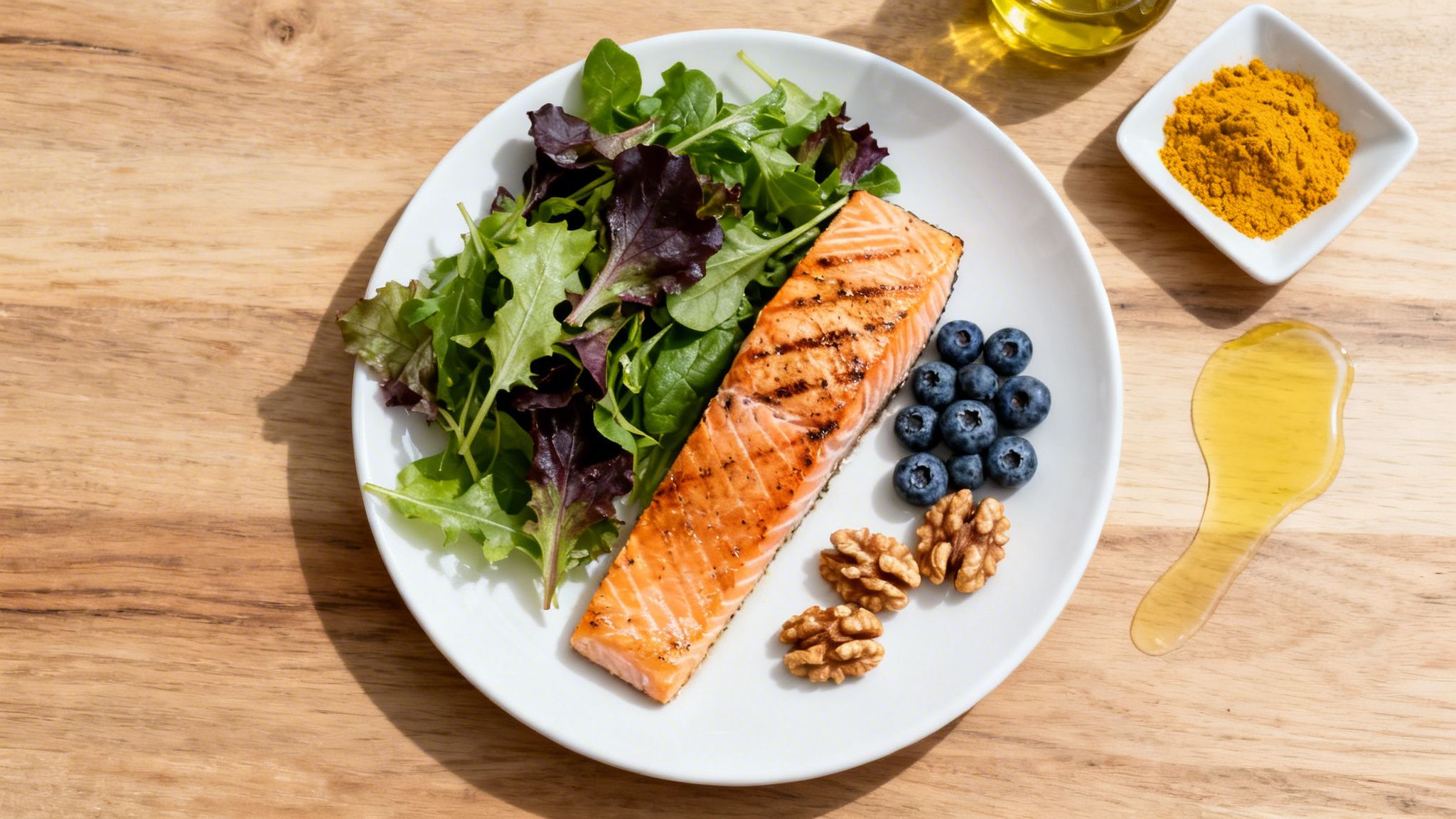 A healthy meal on a wooden table featuring grilled salmon, mixed greens, blueberries, and walnuts.