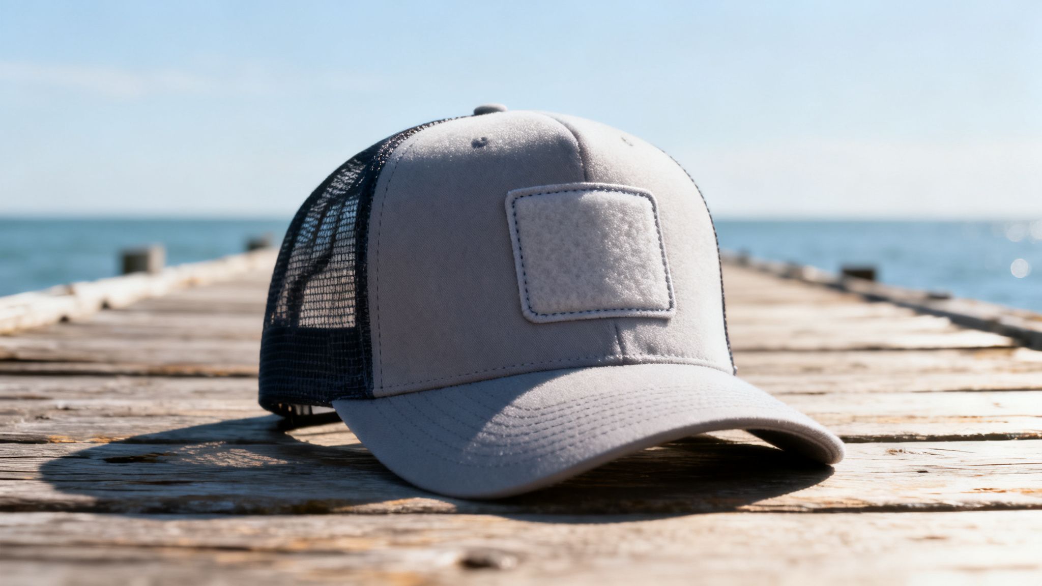 A stylish grey and black trucker hat rests on a sun-drenched wooden pier by the sea.