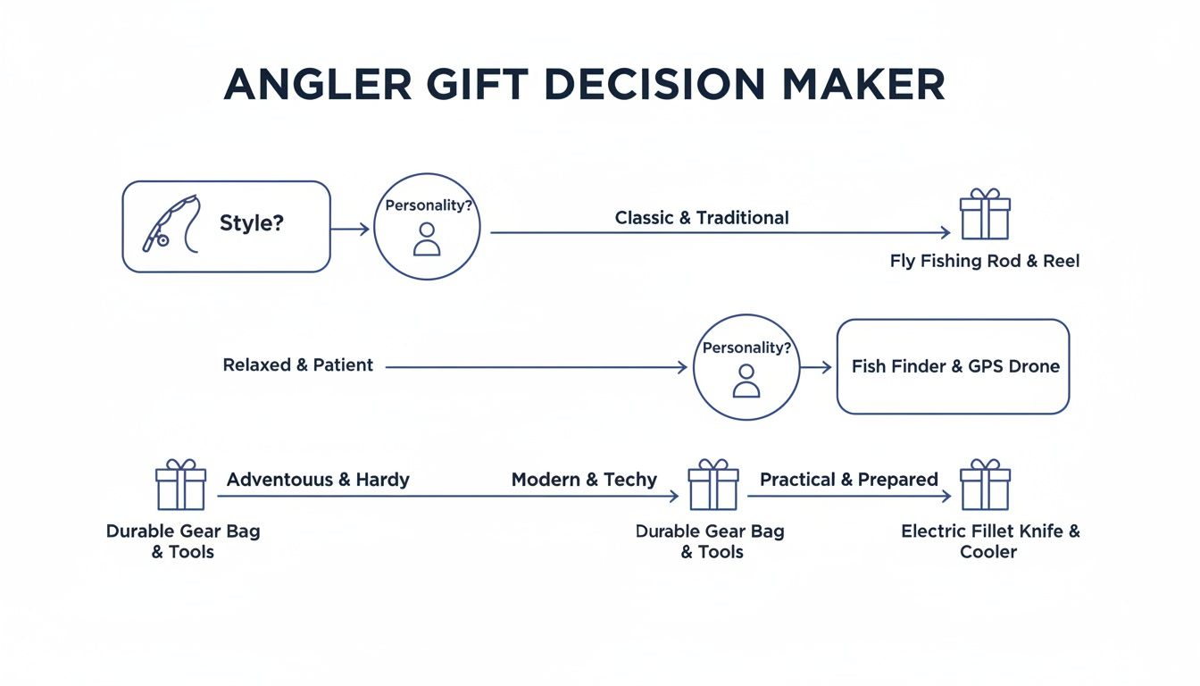 Flowchart for angler gift ideas based on fishing style and personality traits.