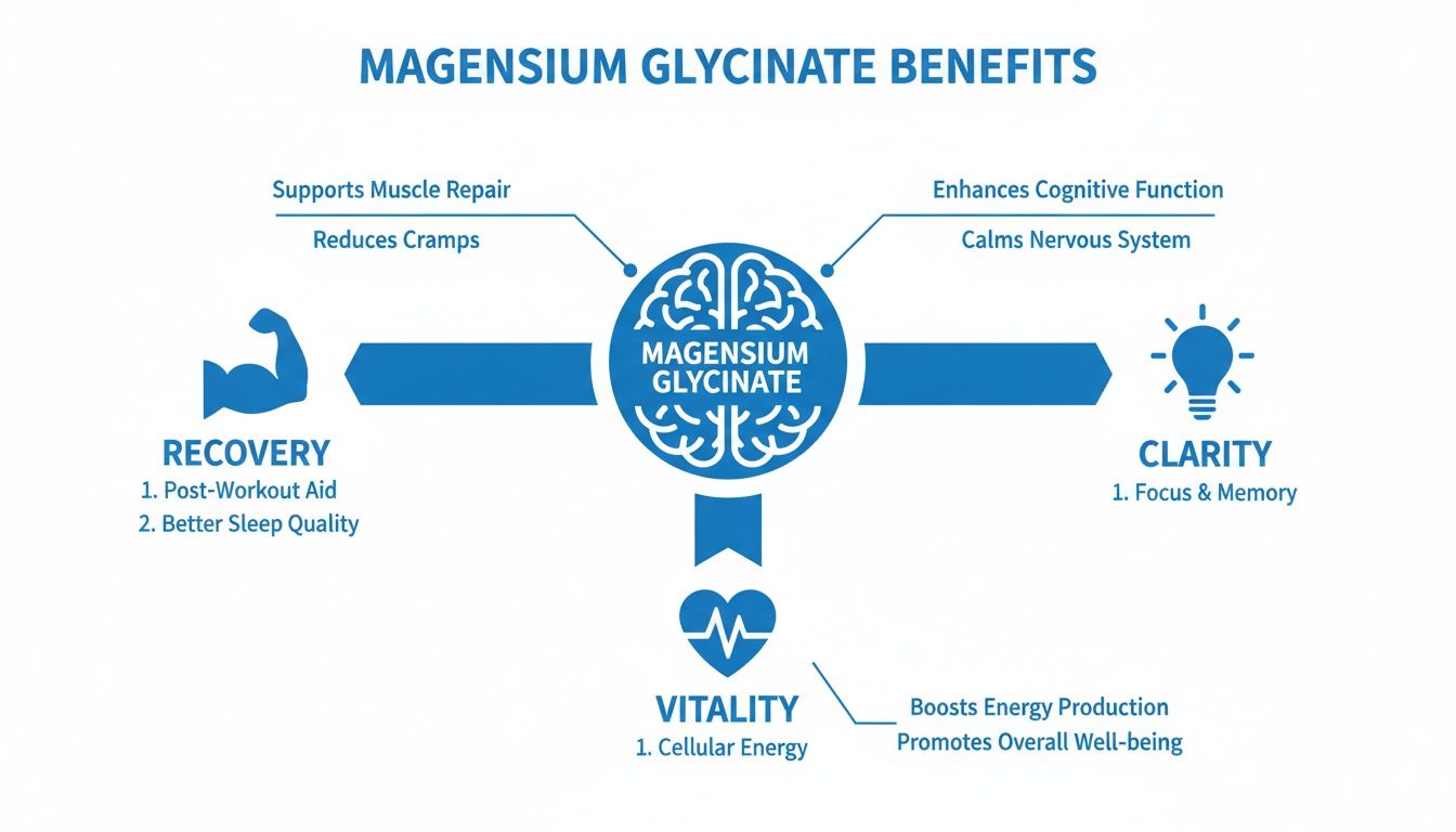 An infographic detailing Magnesium Glycinate benefits for recovery, clarity, and vitality, including sleep aid.