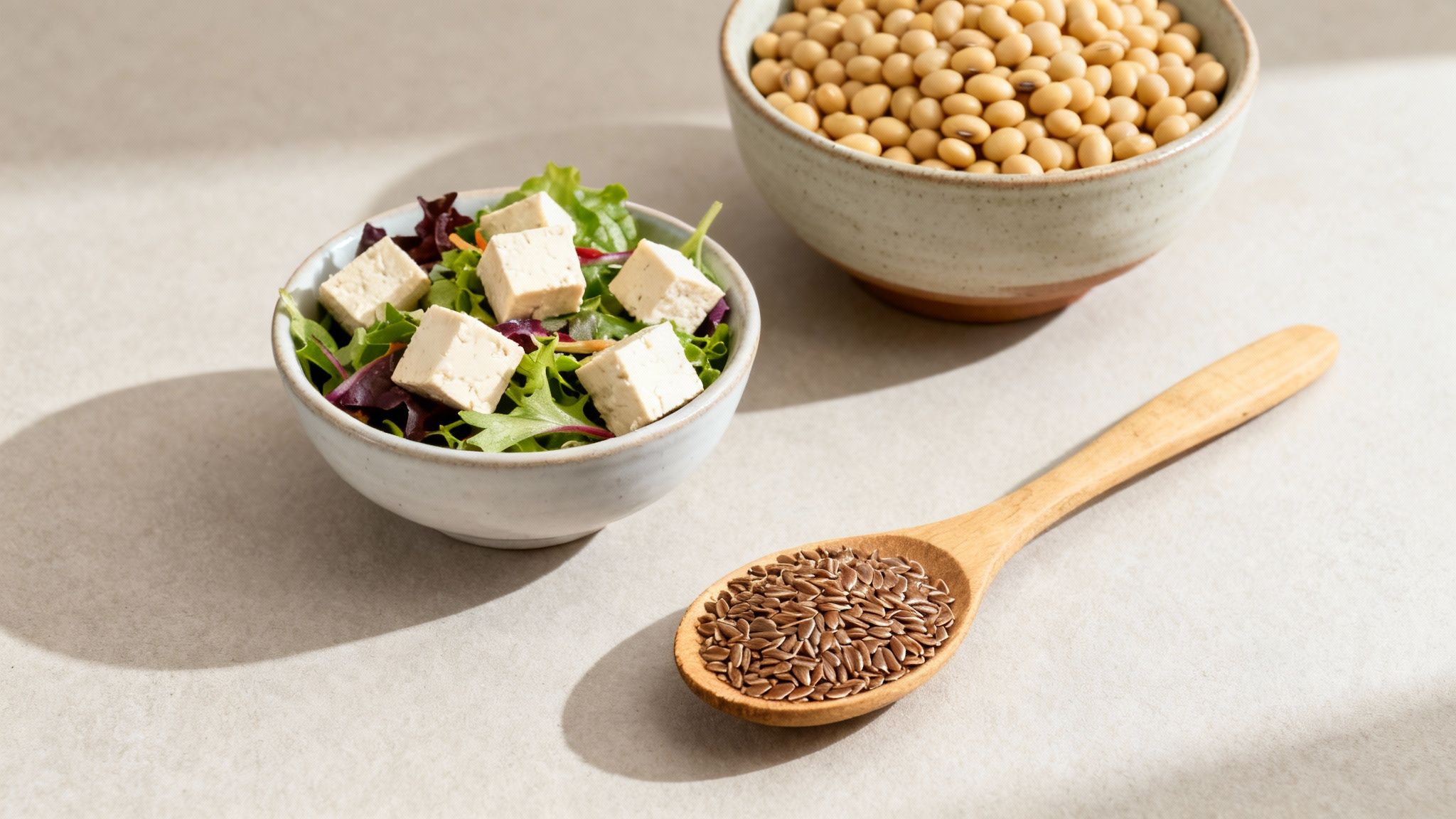 A healthy vegan spread featuring a tofu salad, a bowl of soybeans, and flaxseeds on a wooden spoon.