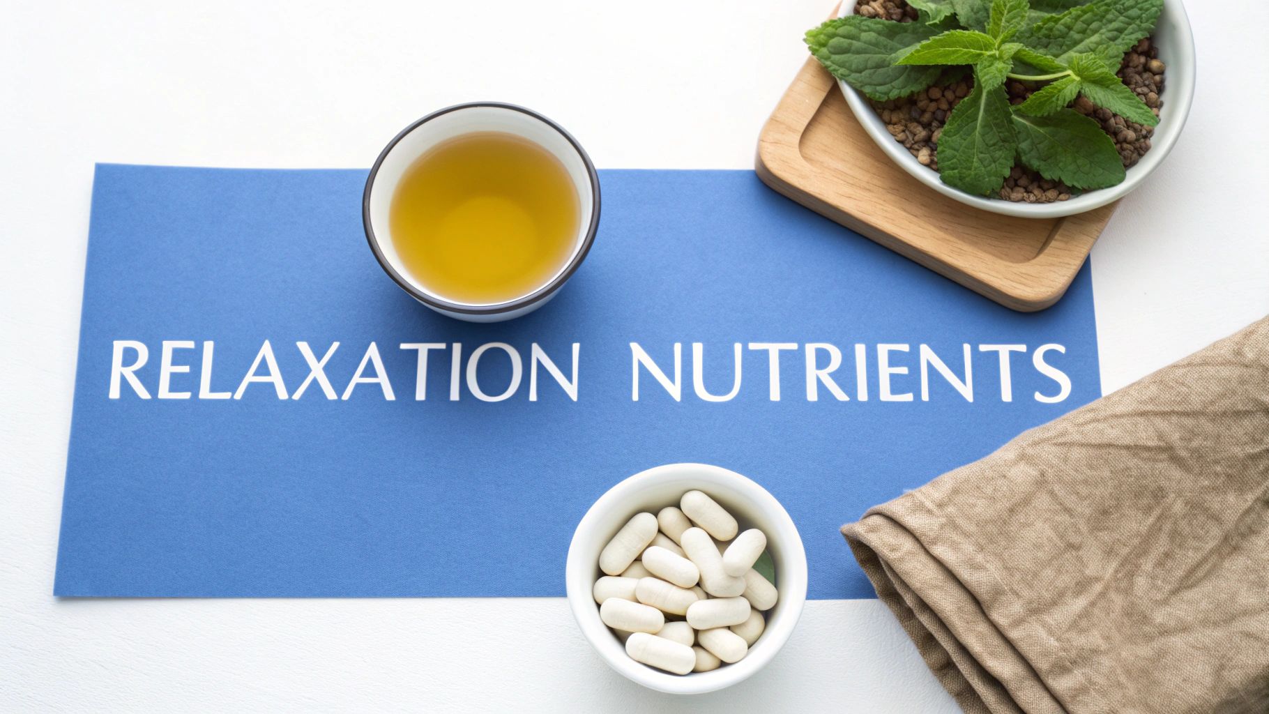 Flat lay of 'RELAXATION NUTRIENTS' text, herbal tea, capsules, and fresh mint for natural wellness.