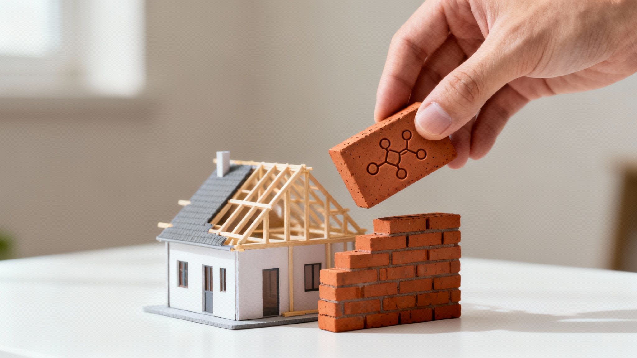 A hand places a brick with a molecular structure onto a miniature house model under construction.