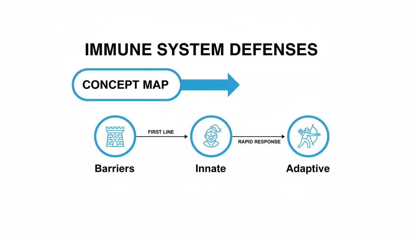 A concept map illustrating the immune system defenses: Barriers, Innate (first line), and Adaptive (rapid response).