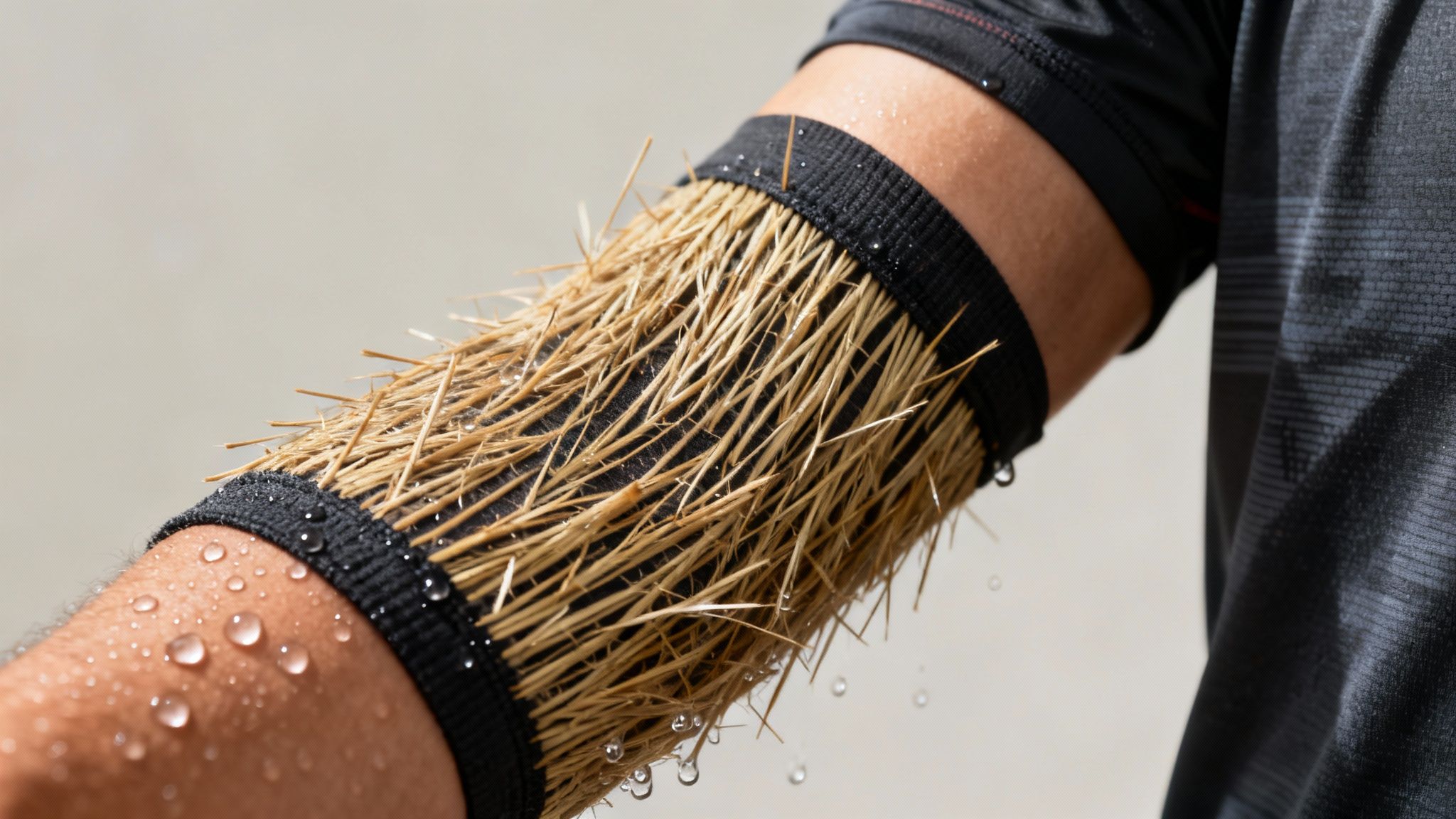A person's arm with water droplets, wearing a black band with straw-like reeds, showcasing moisture interaction.
