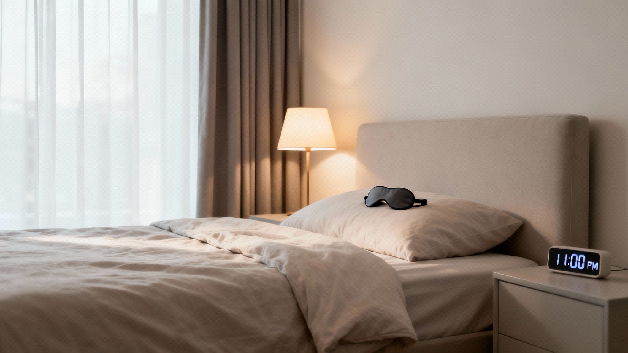 A serene bedroom with a bed, nightstand, lamp, and a sleep mask on the pillow, showing 11 PM.