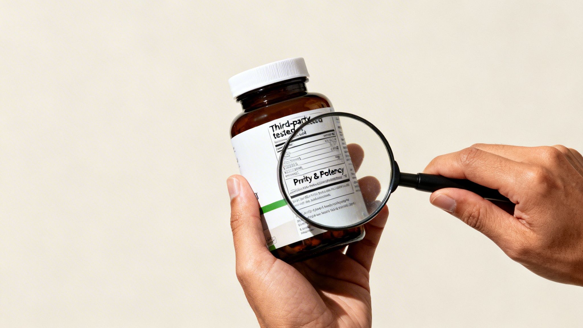 A person uses a magnifying glass to meticulously read a supplement bottle's label, emphasizing 'Third-party tested' and 'Purity & Potency'.