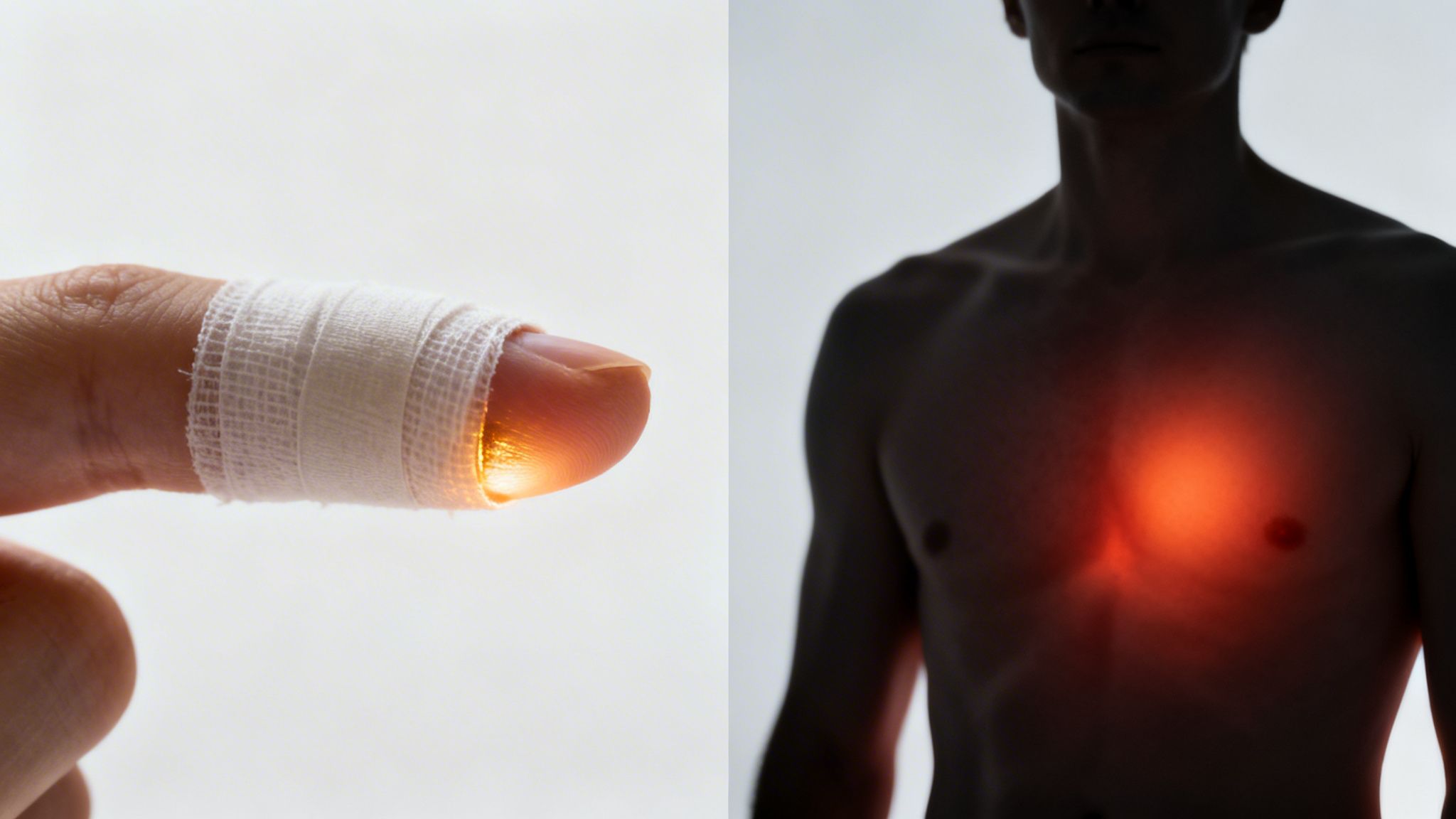 Bandaged finger glowing with a silhouette of a person experiencing chest pain.