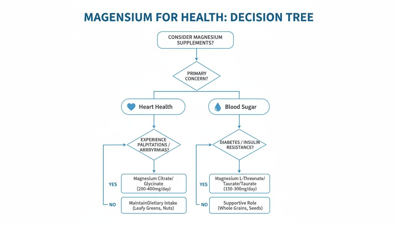 A decision tree flowchart illustrating magnesium supplement choices for heart health or blood sugar concerns.