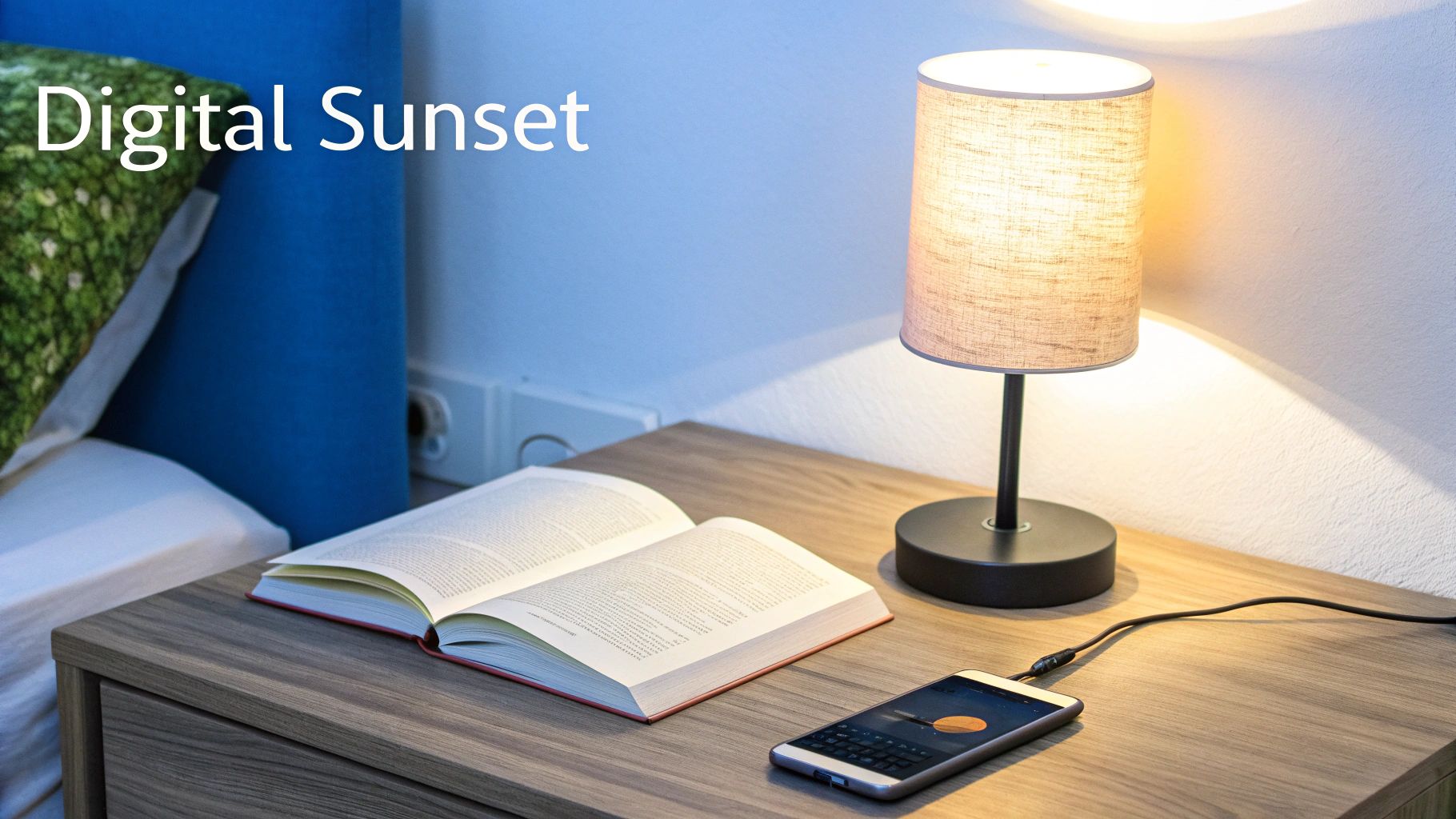 An open book, a glowing lamp, and a smartphone with a sunset image on a bedside table.