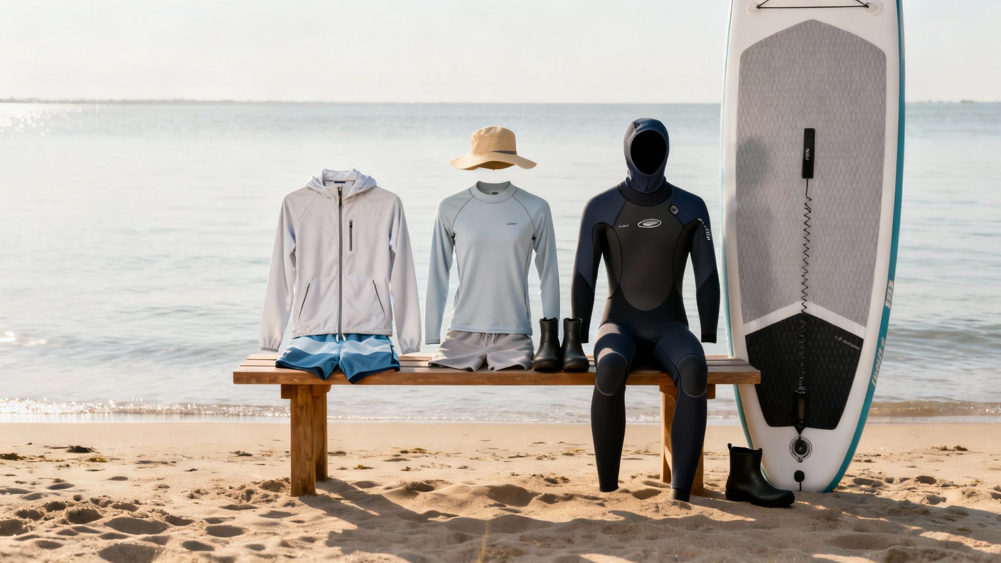 Paddleboarding gear, including a wetsuit, apparel, and a board, displayed on a sandy beach.