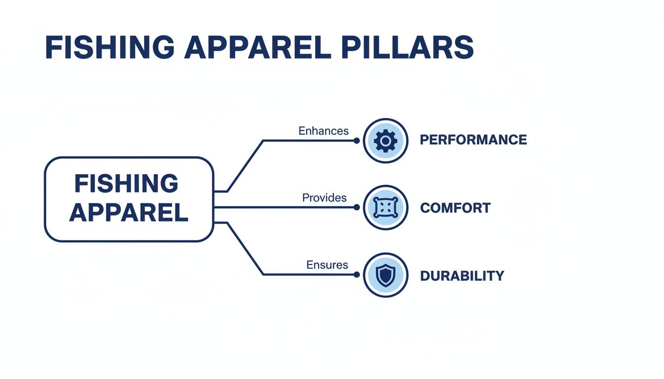 A diagram outlining fishing apparel pillars: performance (enhances), comfort (provides), and durability (ensures).