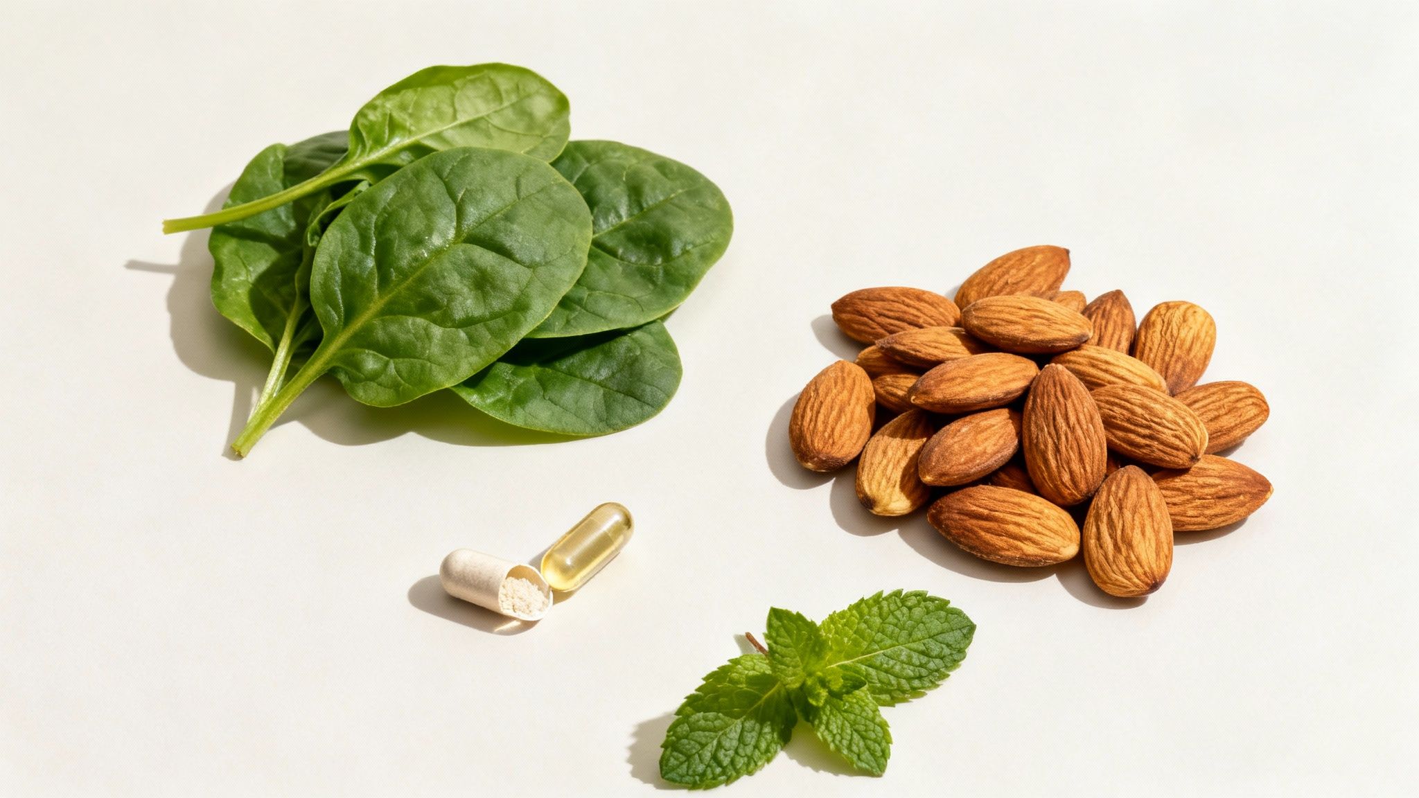 A flat lay of fresh spinach leaves, whole almonds, mint, and two supplement capsules on a white background.