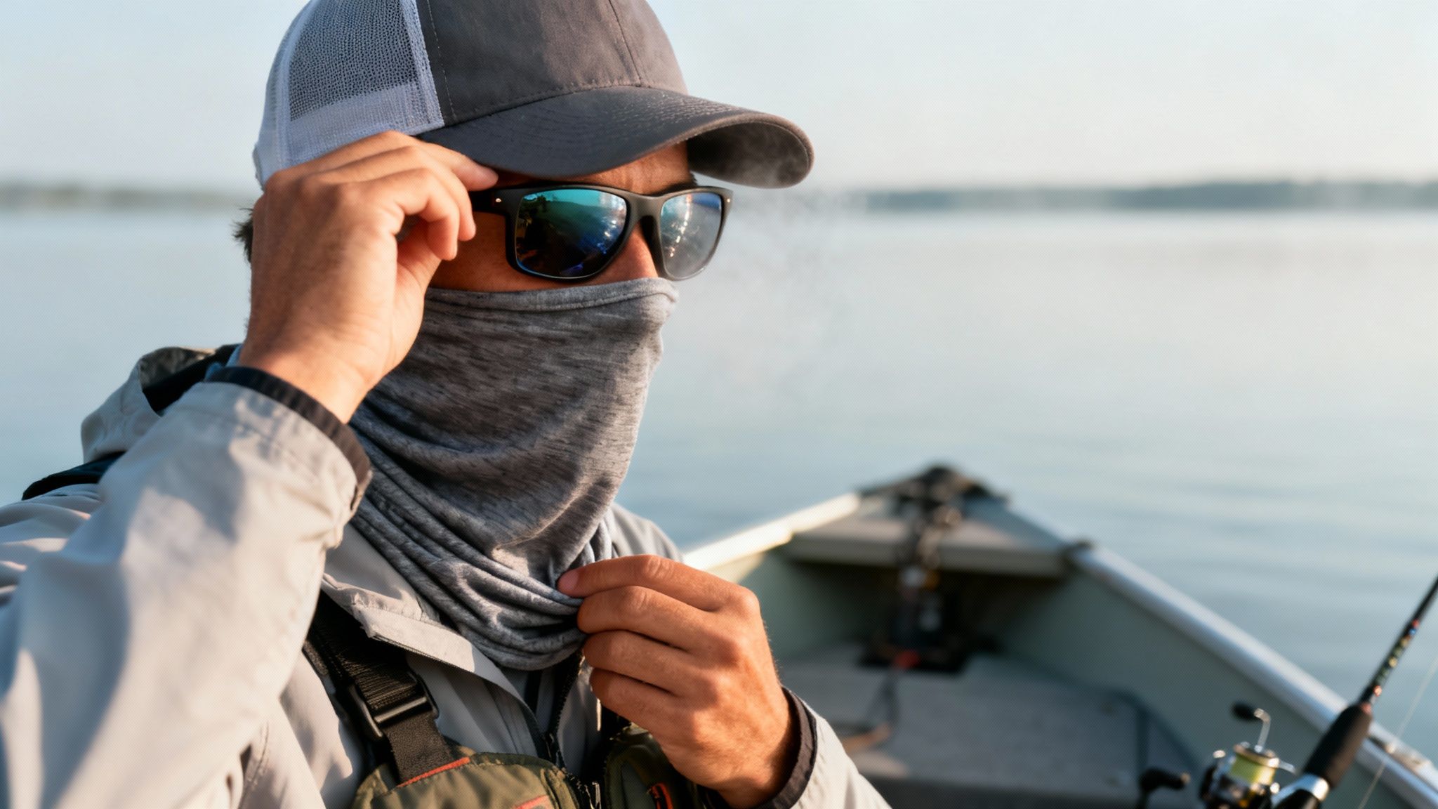 A man in a fishing boat adjusting his sunglasses and neck gaiter on a calm lake.